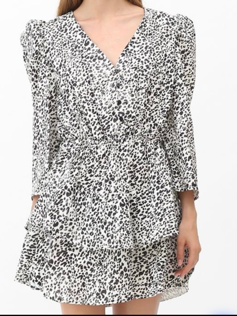 Zara animal print mini dress featuring long sleeves and ruffled details M